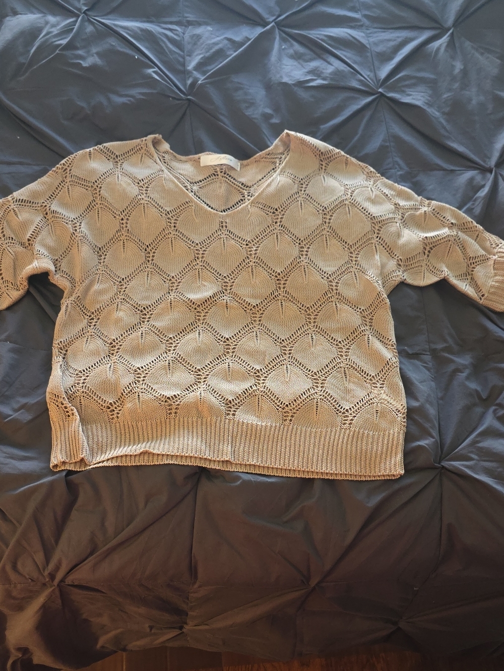 Women's Light Beige Open-Knit V-Neck Sweater